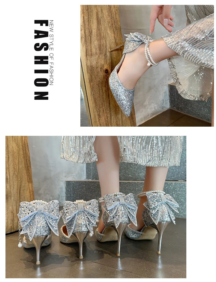 French new pointy shallow mouth temperament elegant sequin bow high heels women's fine heel pearl line with a single shoe