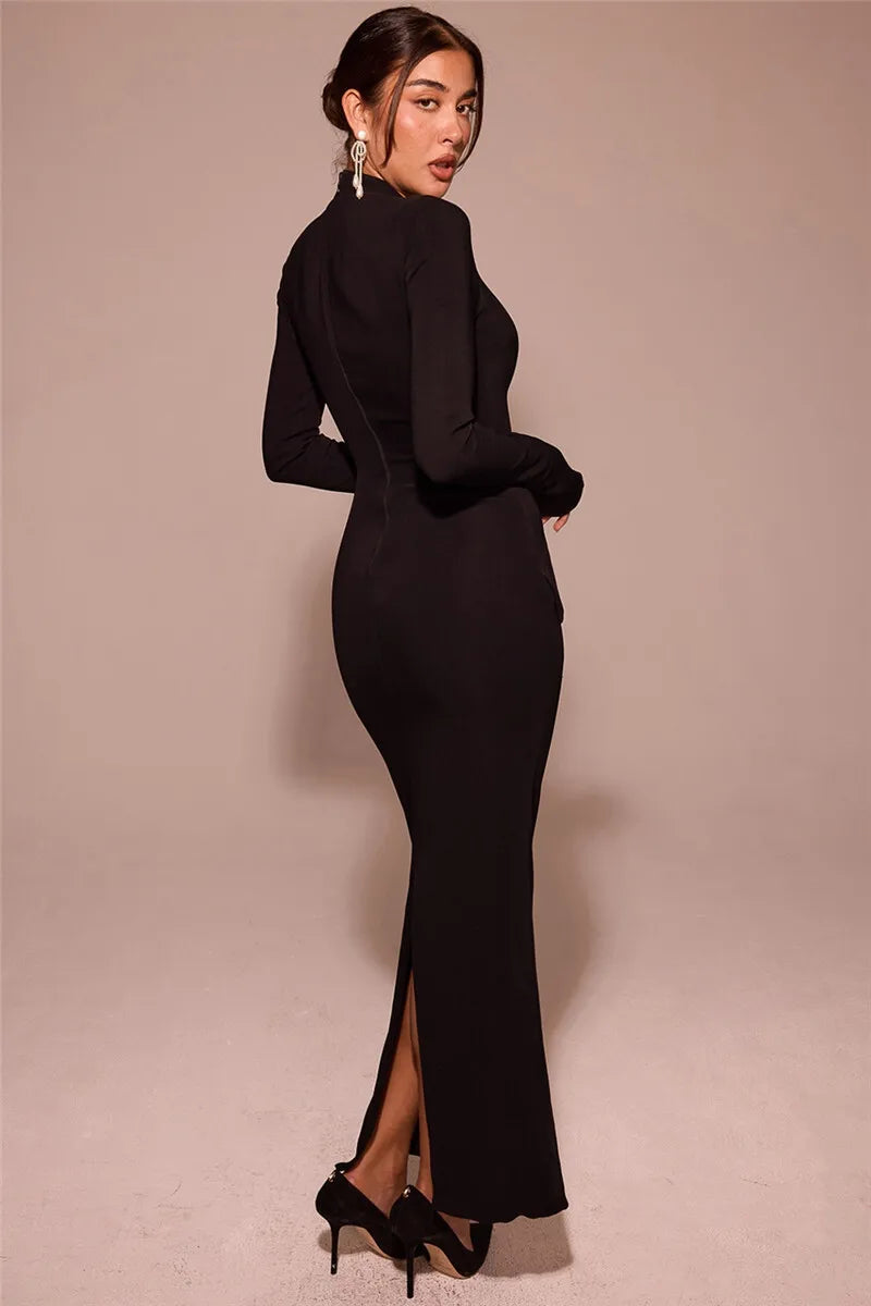 Mozision Black Long Sleeve Sexy Maxi Dress For Women Autumn Winter New O Neck Two Pocket Back Split Bodycon Long Dress Elegant - reetell