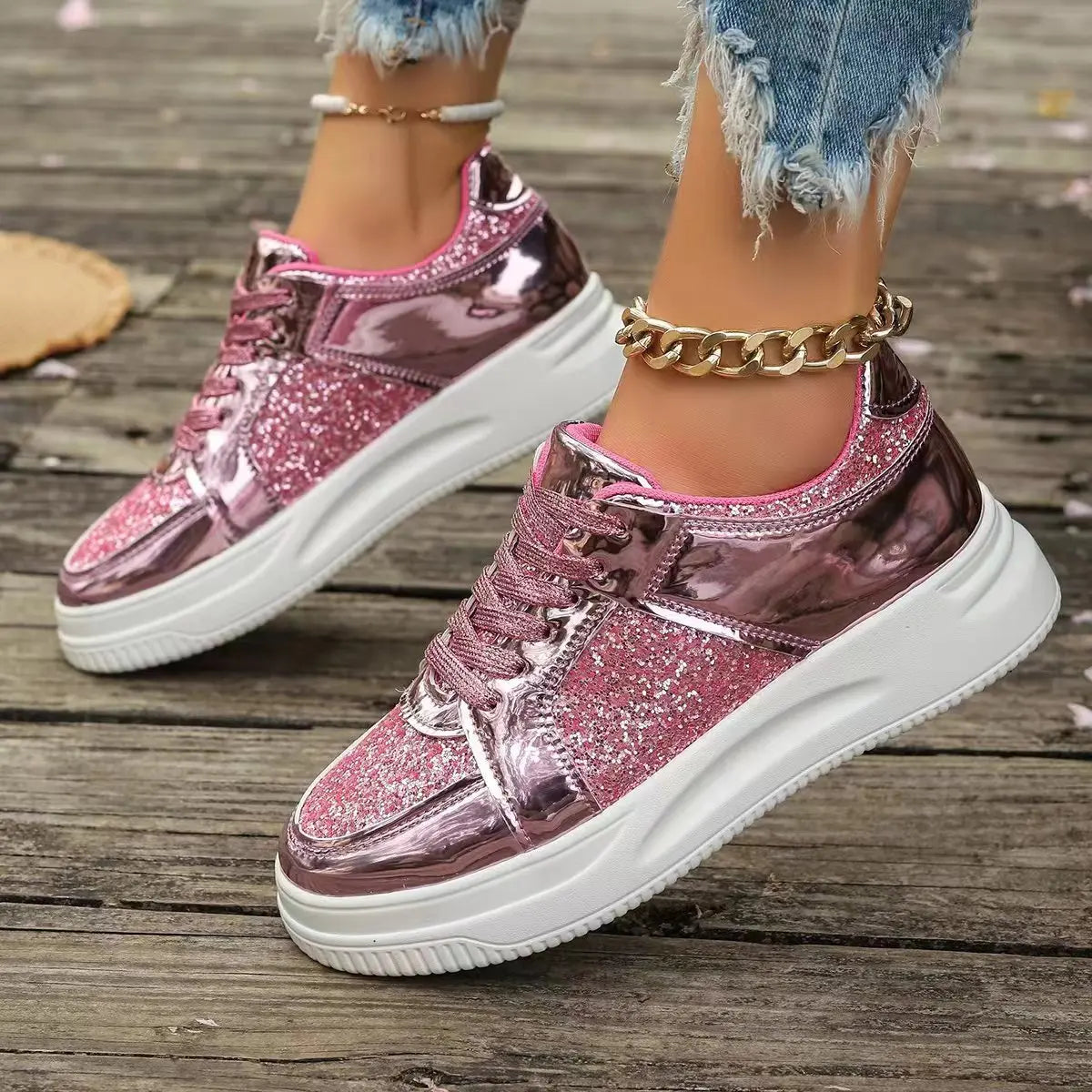 Women's Gold Sequins Platform Sneakers Autumn Fashion Casual Sports Shoes Thick Bottom Vulcanized Shoes Woman Flats Heels Shoes