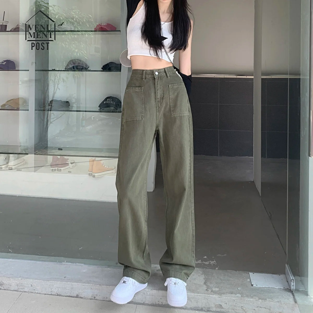 Military Green Jeans for Women High Waist Wide Legs Straight Leg Loose and Hanging Feeling Floor Length Pants High Street Trend - reetell