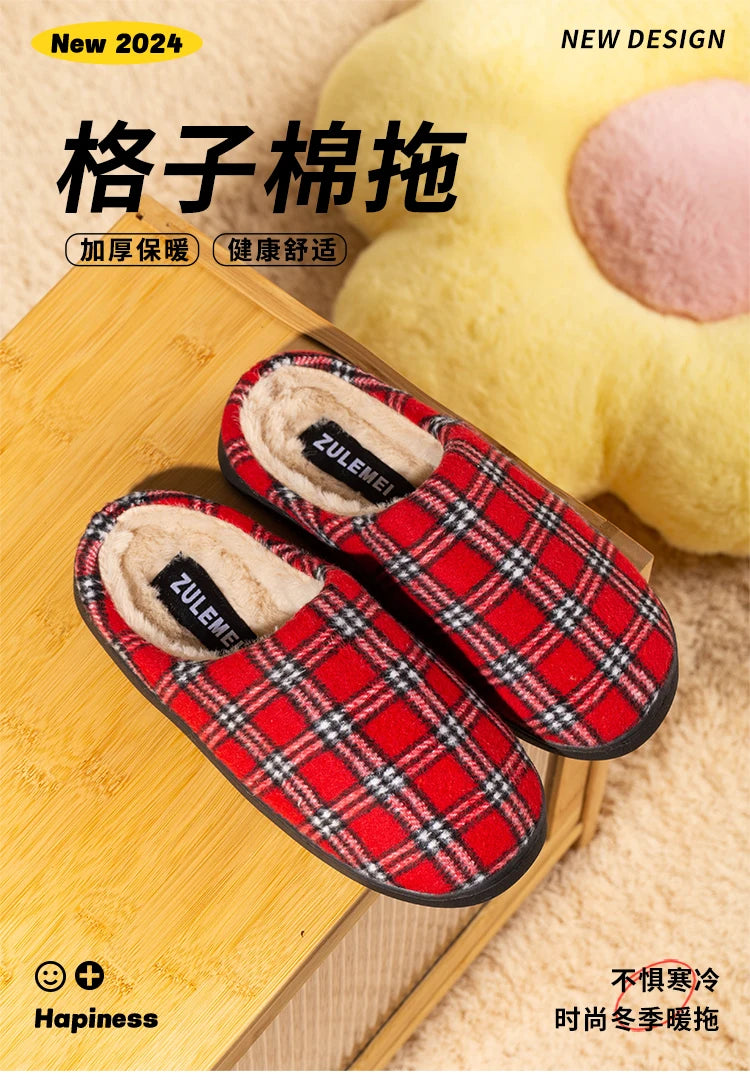 New Men's Striped Warm House Fleece Cozy Non-slip Plaid Cotton Mops Couples Slippers Winter Soft Indoor Bedroom Couples Shoes