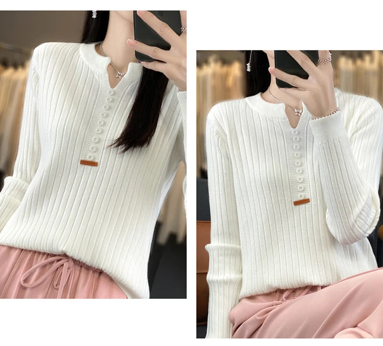 Women's Sweater Autumn/Winter New Solid Color Knitwear V-Neck Pullover Ladies Clothes Fashion Blouse Korean Style Loose Tops - reetell