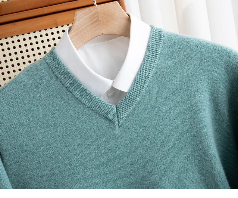 Men 100% Merino Wool Sweater V-Neck Pullover Autumn Winter Cashmere Warm Solid Knitwear Clothes Business Bottoming Soft Tops - reetell