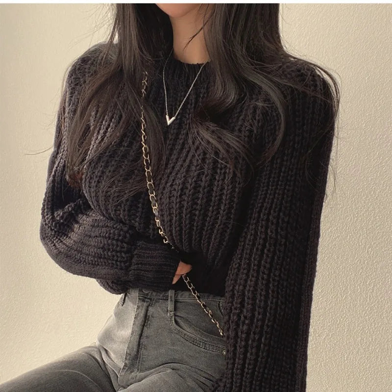 Loose Vintage Harajuku Lantern Long Sleeve Women Sweater Korean Autumn Winter Knitwear Soft Warm Tops Chic Solid Femme Sweater - reetell