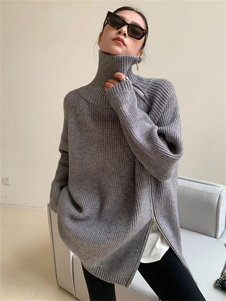 2023 Winter Women's Turtleneck Zipper Oversize Fashion Sweaters Autumn New Knitwears Loose Thick Warm High Neck Solid Pullovers - reetell