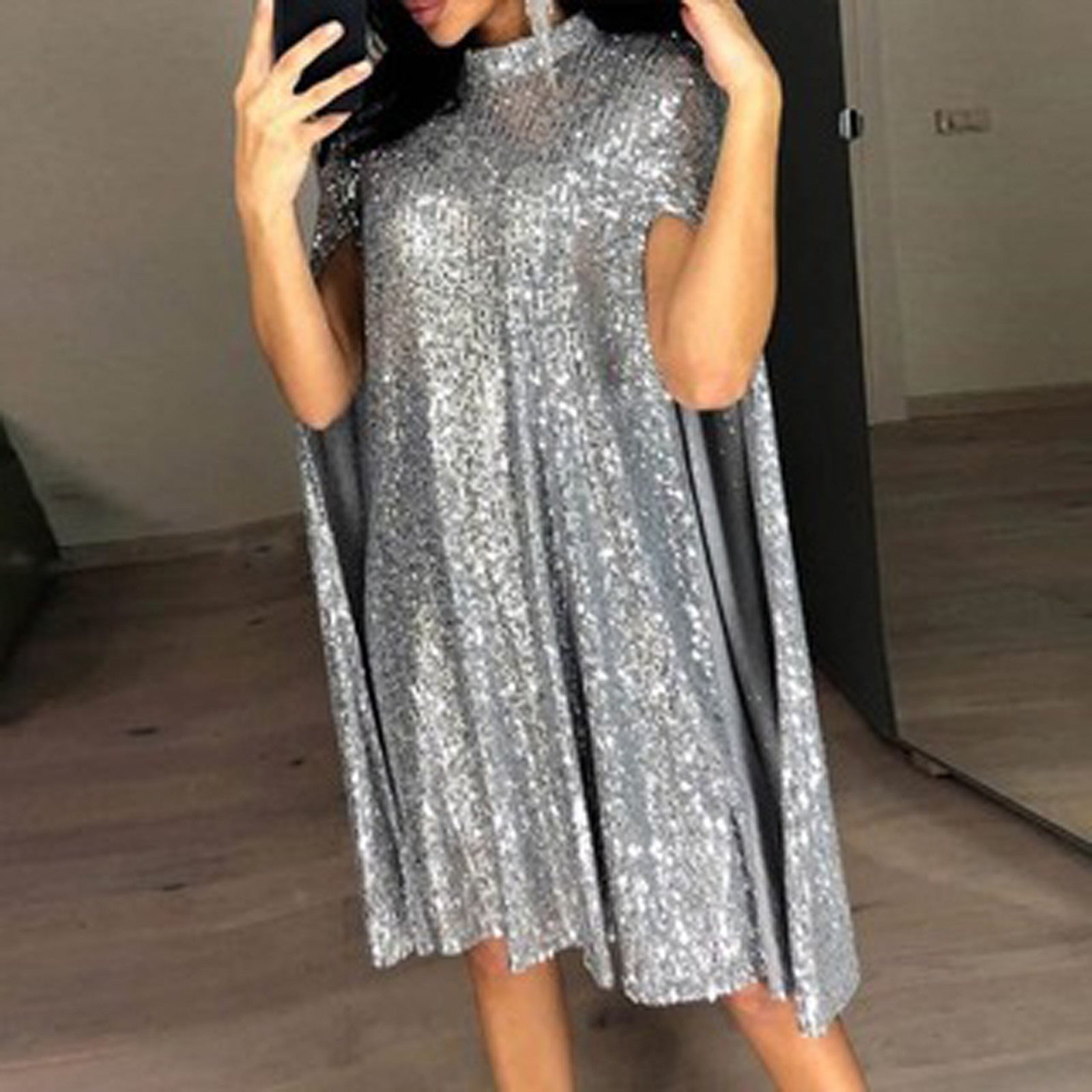 Sequin Party Dresses For Women 2024 Golden Elegant Cloak Sleeve Patchwork Loose Evening Dress Silver Sexy Club Vestidos Female - reetell