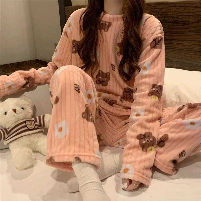 Autumn Women Solid Warm 2 Piece Sets Thicken Velvet Ribbed Fleece Set Pullover And Pants Women Casual Pajama Sets 2024 - reetell