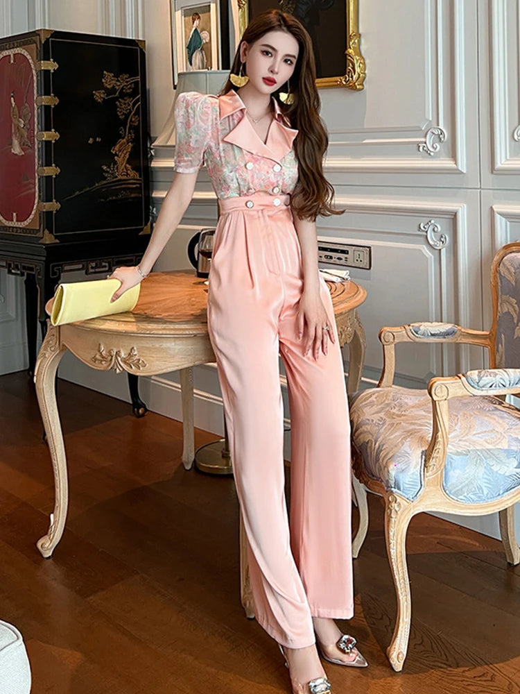 Satin Elegant Office Women Jumpsuits Formal Vintage Floral Puff Sleeve Pocket Party Female Mujer Wide Leg Loose Rompers Summer