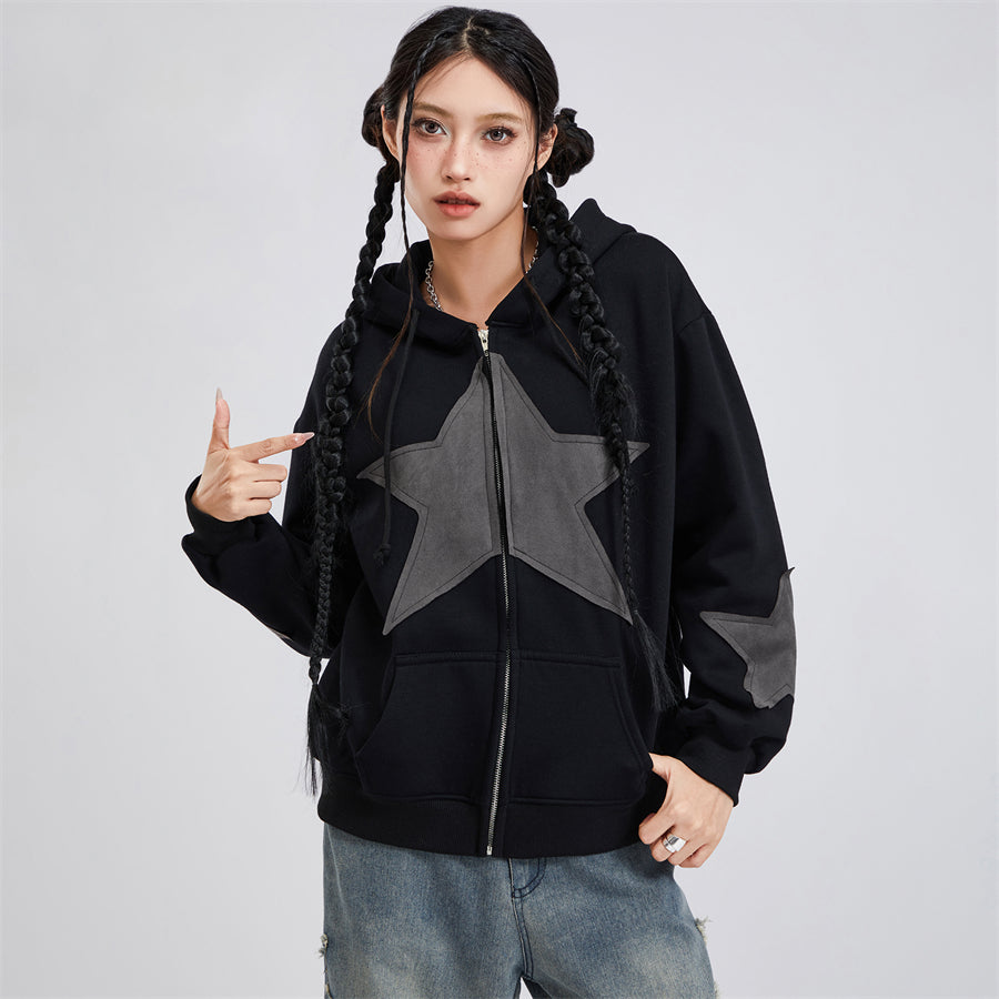 wsevypo Grunge Retro Star Print Hoodies Autumn Women's Long Sleeve Zip-up Hooded Sweatshirts with Front Pocket Street Outwear - reetell