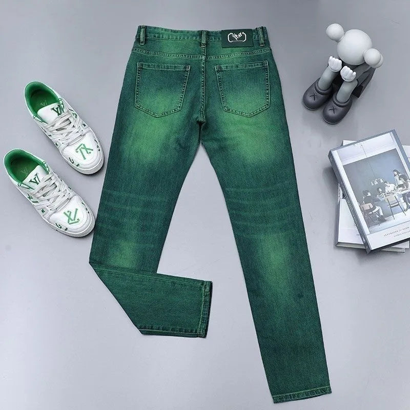 2024 Spring and Autumn New Fashion Trend Straight Leg Stretch Green Jeans Men's Casual Comfort Breathable High Quality Pants - reetell