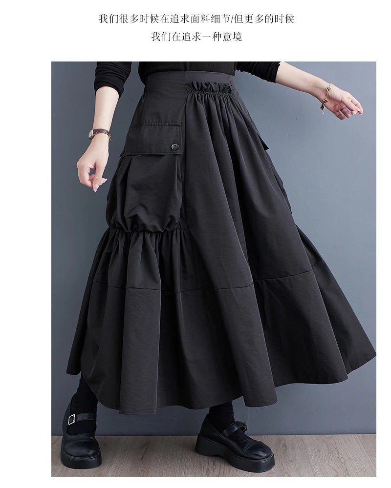 Oversized Spring Autumn Cargo Midi Skirt Women Elastic High Waist Fashion Ruffle Pleated Ladies Skirts Loose Casual Woman Skirt - reetell