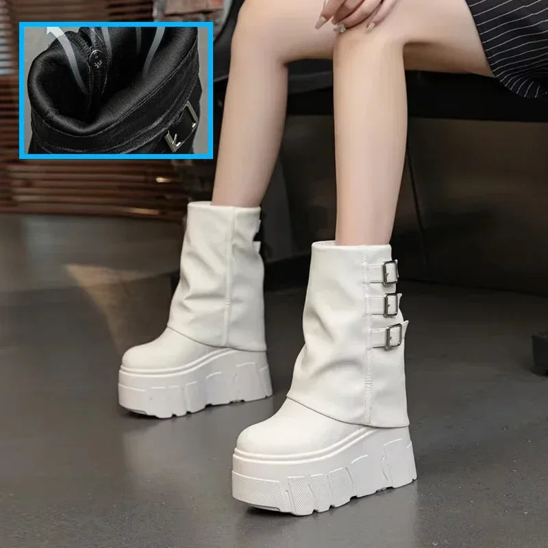 Fujin 14cm New Ankle Booties Shoes Natural Genuine Leather Boots Women Motorcycle Boots Platform Ladies Fashion Botas Winter