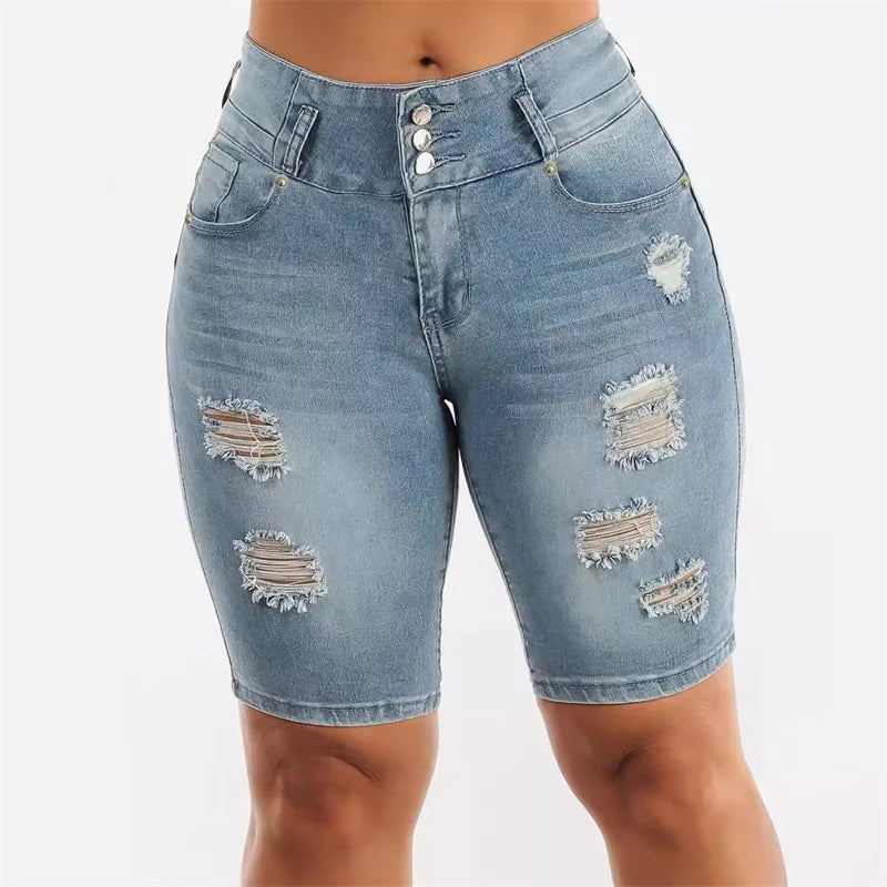 Fashion Slim Sexy Hip Lift Denim Shorts Women Three Buttons Splice High Waist Three Quarter Pants Female Broken Holes Mini Jeans - reetell