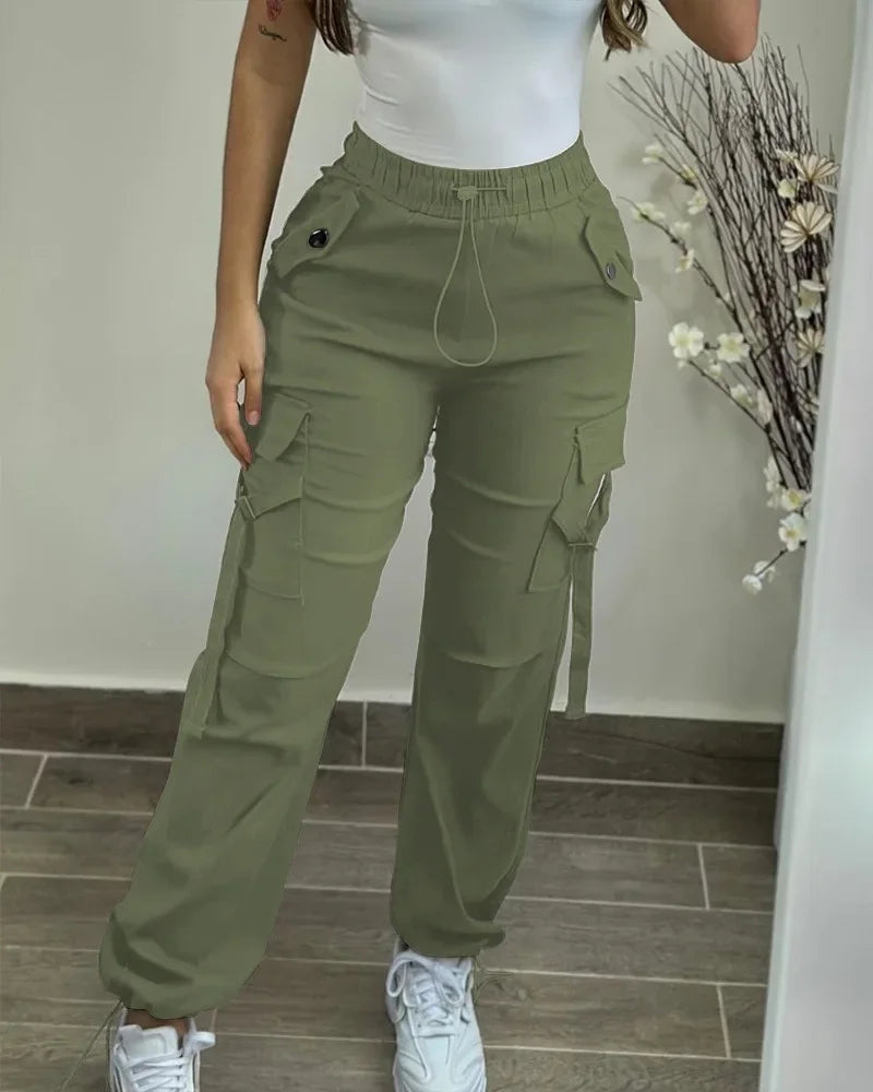 2024 New Fashion Womens Cargo Pants Elegant Pocket Design Drawstring Cuffed Pants Female Trouser Casual Bottom Female Clothing - reetell