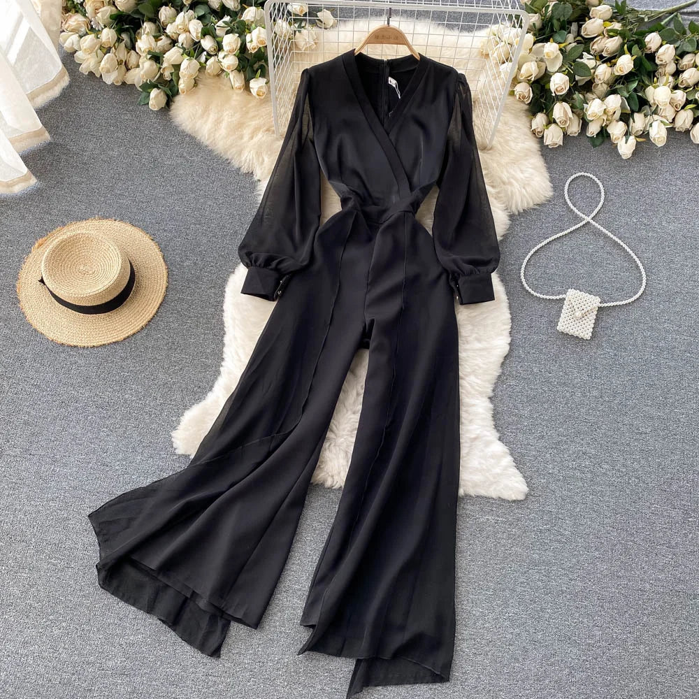 EWQ Elegant Style Chic Jumpsuit Women V-neck Long-sleeve Mesh Patchwork Solid Color Female Jumpsuits Autumn 2023 New 27SN3727