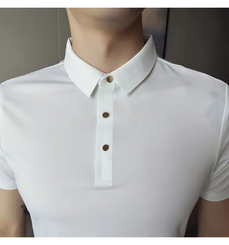 Ice Silk Traceless T-shirt Men's  Business Casual Solid Color Half Sleeve High Elasticity Top Silk Smooth Breathable POLO Shirt