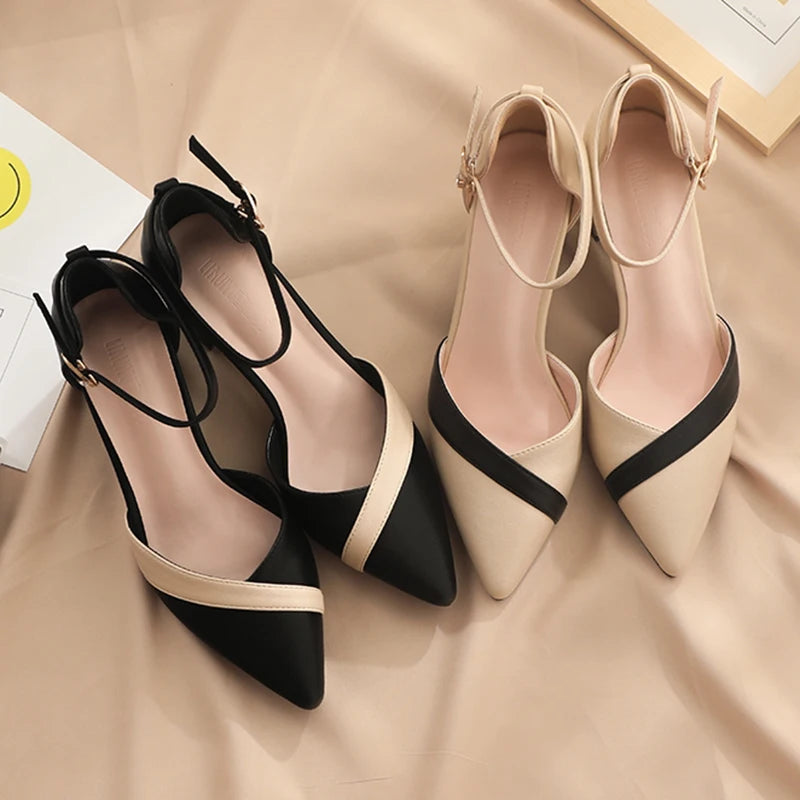 Rimocy Mix Color Med Heels Pumps Women Pointed Toe Ankle Strap High Heels Shoes Woman Pu Leather Patchwork Office Shoes Female