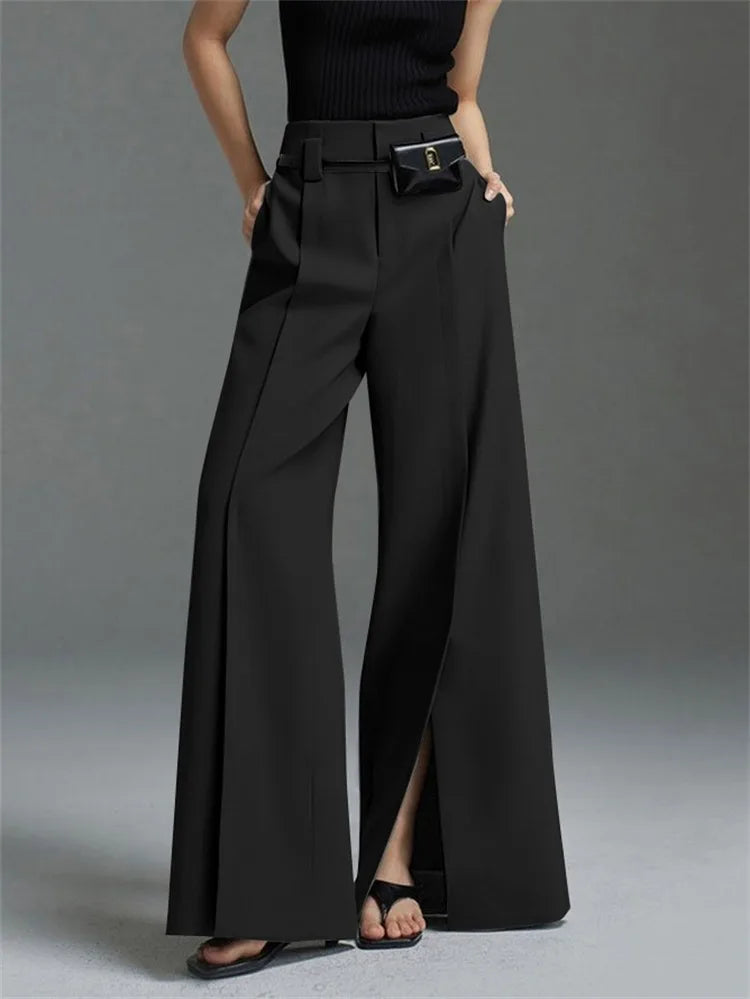 Yeezzi Urban Female Suit Pants 2024 New Fashion Black White Color Loose Straight Pant High-Waisted Pleated Split-Front Trousers - reetell