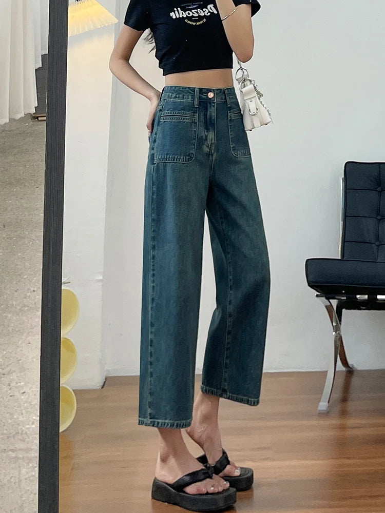 No stretch women jeans new straight leg wide streetwear high waist boyfriend pockets denim trousers cargo pants japanese y2k - reetell