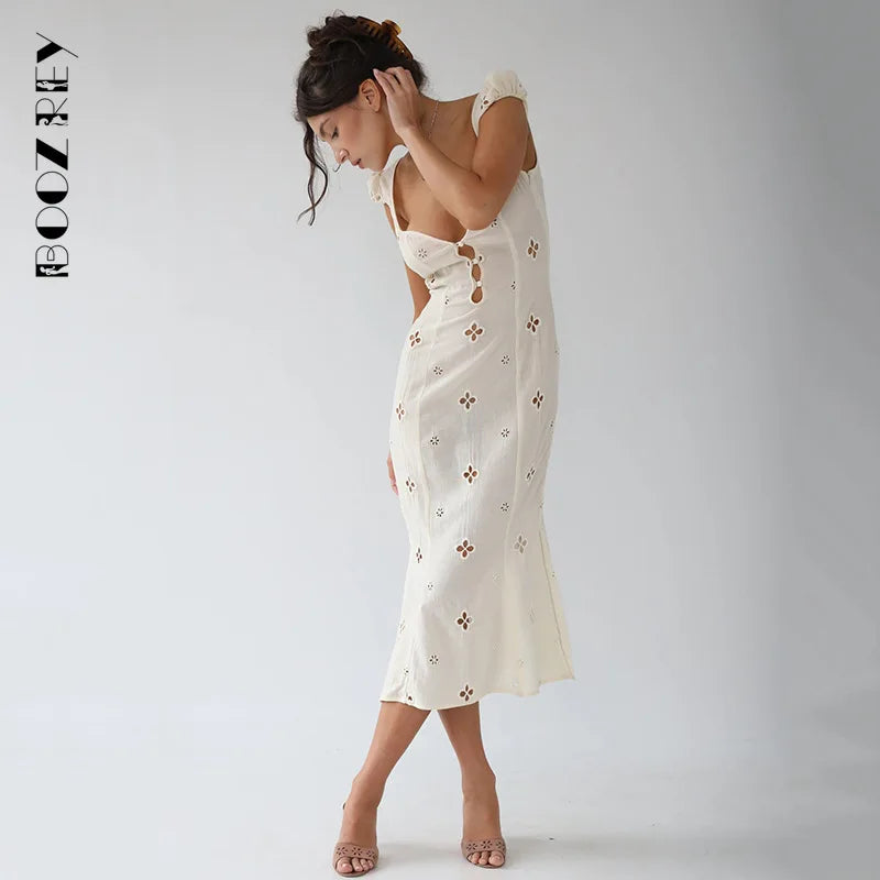 BoozRey Jacquard Hollow Out Sleeveless Dress 2022 Summer New Floral Skirt Sweet and Cute High Waist Maxi Dress for Women - reetell