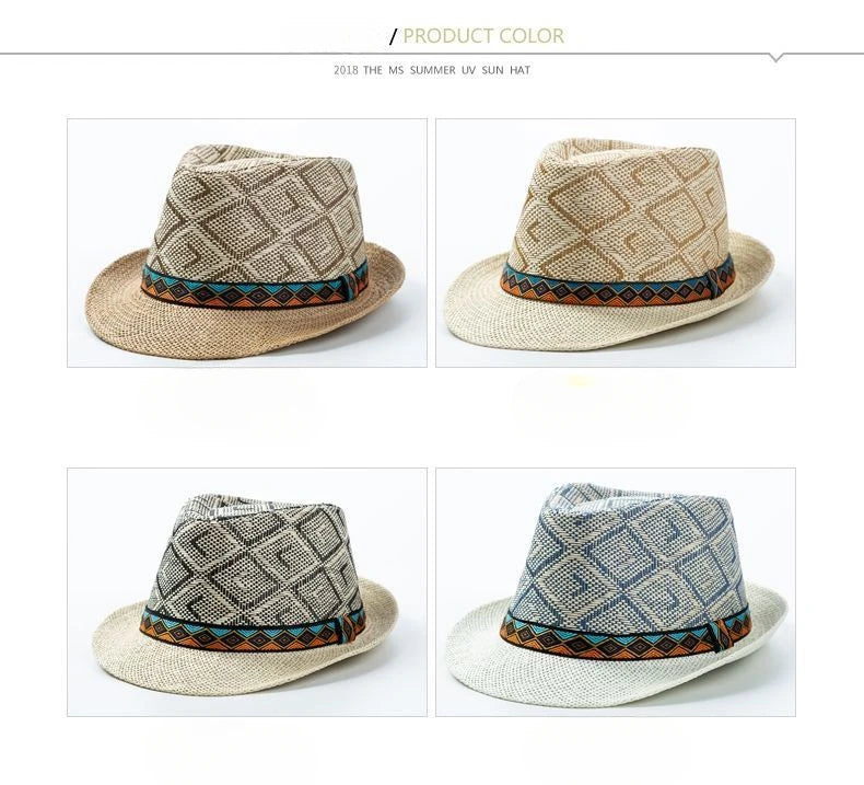 New Spring/Summer Men's Straw Knitted Hat Short Brim Trendy British Jazz  Sunscreen Beach Hat Versatile for Gentlemen