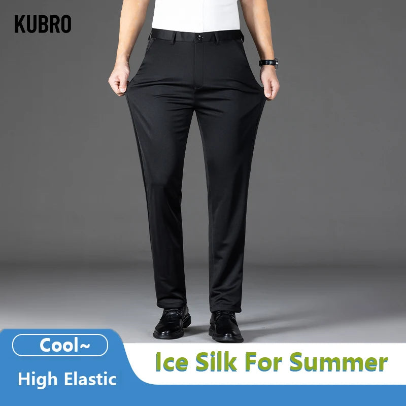 KUBRO Men's Summer Thin Fashion Business Casual Suit Pants Long Pants Men's Elastic Straight Sleeve Formal Pants Plus Size 2024 - reetell