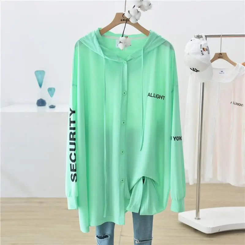 Spring Summer New Hooded Long Sleeve Ice Silk Fabric Sunscreen Clothing Women Fashion Solid Color Zipper Loose Casual Cardigan - reetell