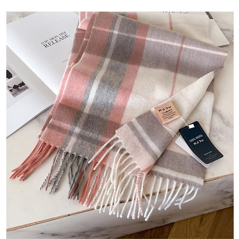 100% Wool Luxury Brands Classic England Style Women Scarf Fashion Stripe Plaid Scarves Tassel Shawls Pashmina Lady Wrap 32*180cm - reetell