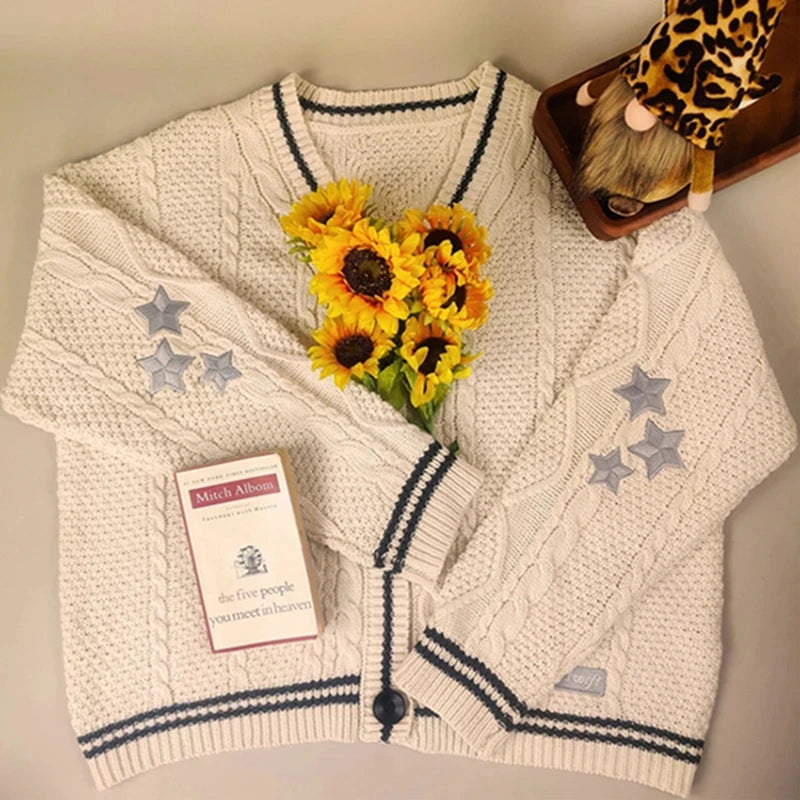 Chic Vintage Star Print Knitted Cardigan Preppy Cute Button Up V Neck Long Sleeve Coat Autumn Y2K Aesthetics Retro Sweater - reetell