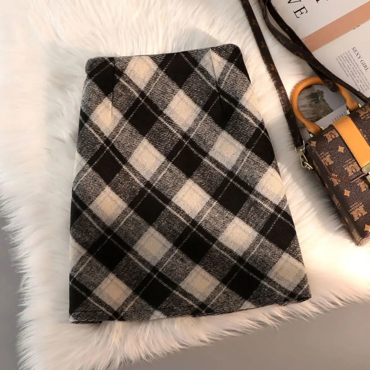 Vintage Fashion Autumn Winter New Woolen Women Plaid Pleated High Waist Korean Preppy Style Slim Mid-length A-line Bag Hip Skirt - reetell