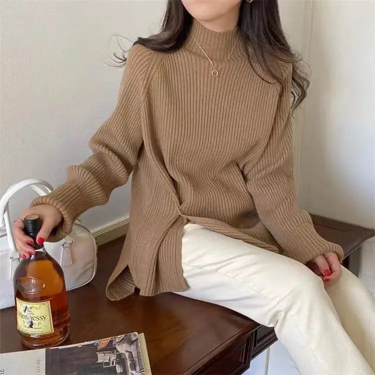 Women's Knit Sweater Off-white Loose Turtleneck Ladies PulloversButtons Slit Hot Sale Winter Offers Trend New Knitwear 2024 - reetell