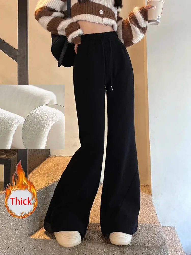 Zoki Korean Winter Thick Flare Pants Women Casual High Waist M-3Xl Grey Trousers Lace Up New Pockets Loose Streetwear Sweatpants - reetell