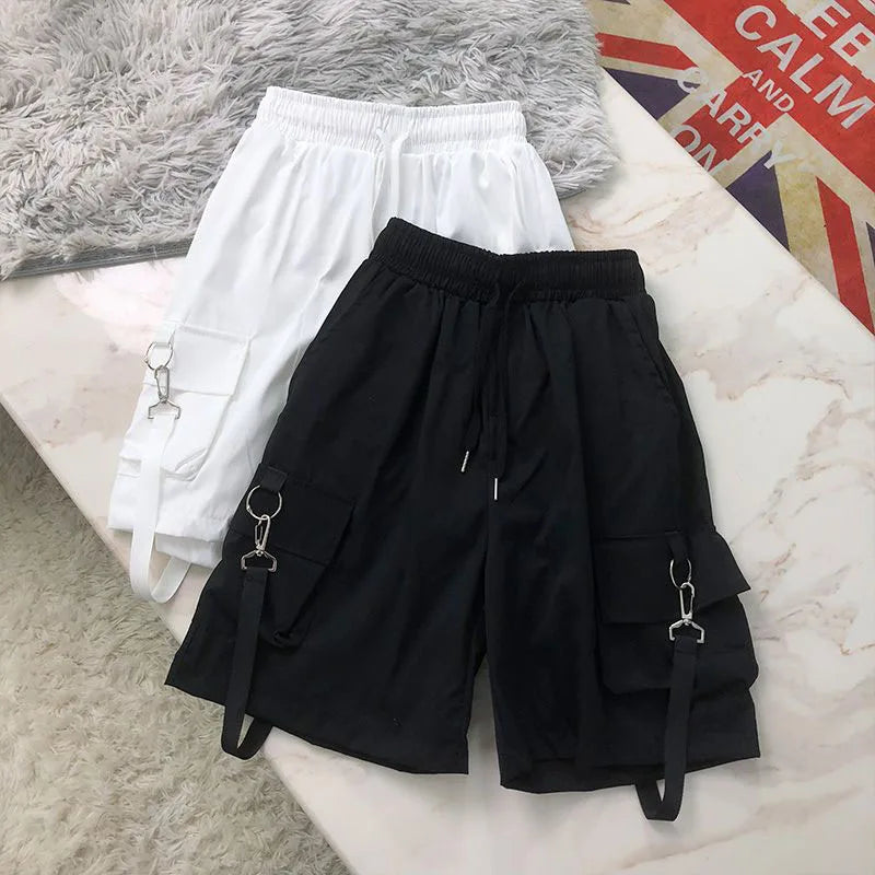 Lucyever Black White Summer Cargo Shorts Women Harajuku Streetwear Unisex Hip Hop Shorts High Waist Baggy Wide Leg Short Pants - reetell