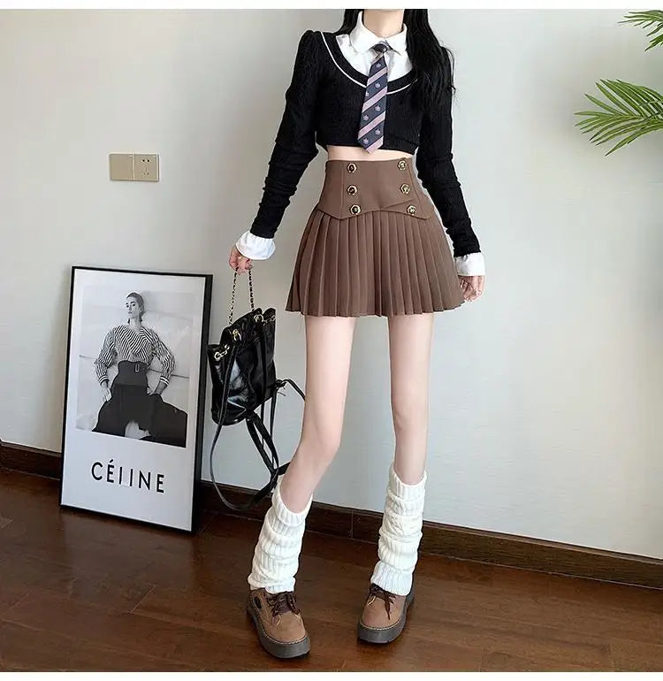 Pleated Skirt New Spring Autumn All-match Buttons Solid Color High Waist A-line Skirt Femme Preppy Style Pleated Trend Skirts - reetell