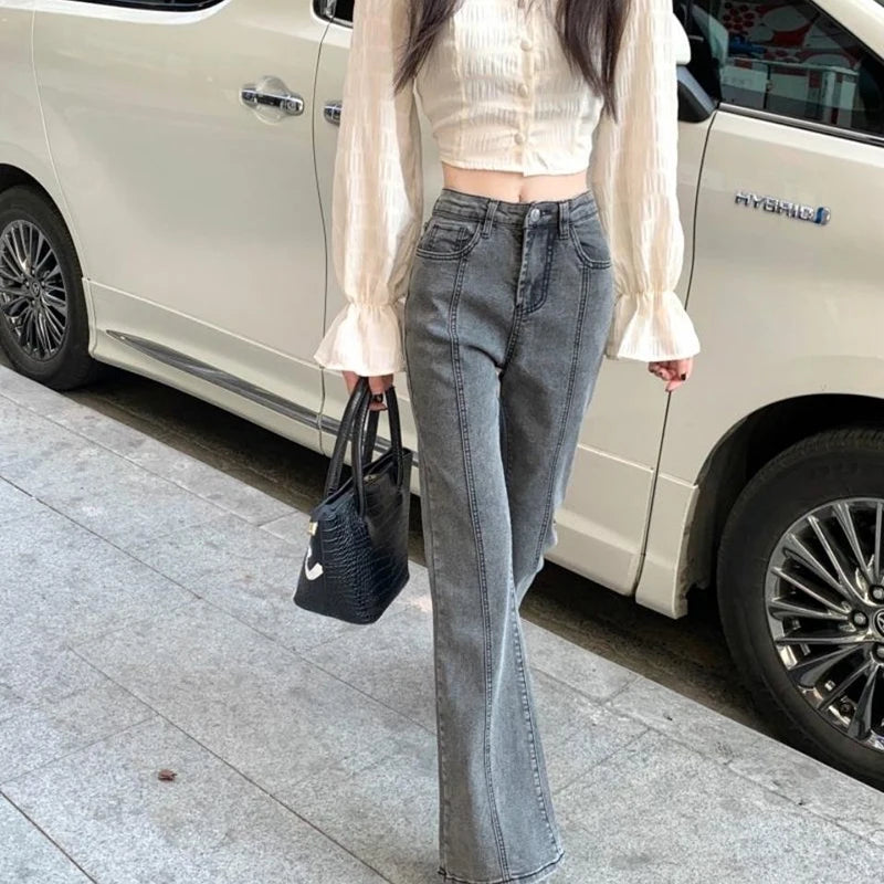 Vintage High Waist Flare Jeans High Street Women Boot Cut Denim Pant Slim Loose Korean Casual Button Up Zippers Gray Trousers - reetell