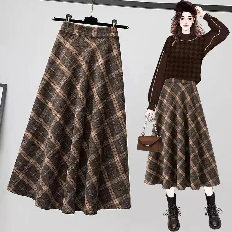 Rimocy Autumn Winter Woolen Skirt Women 2023 Korean Style Thick High Waist Long Skirt Woman A Line Pleated Plaid Skirt Female - reetell