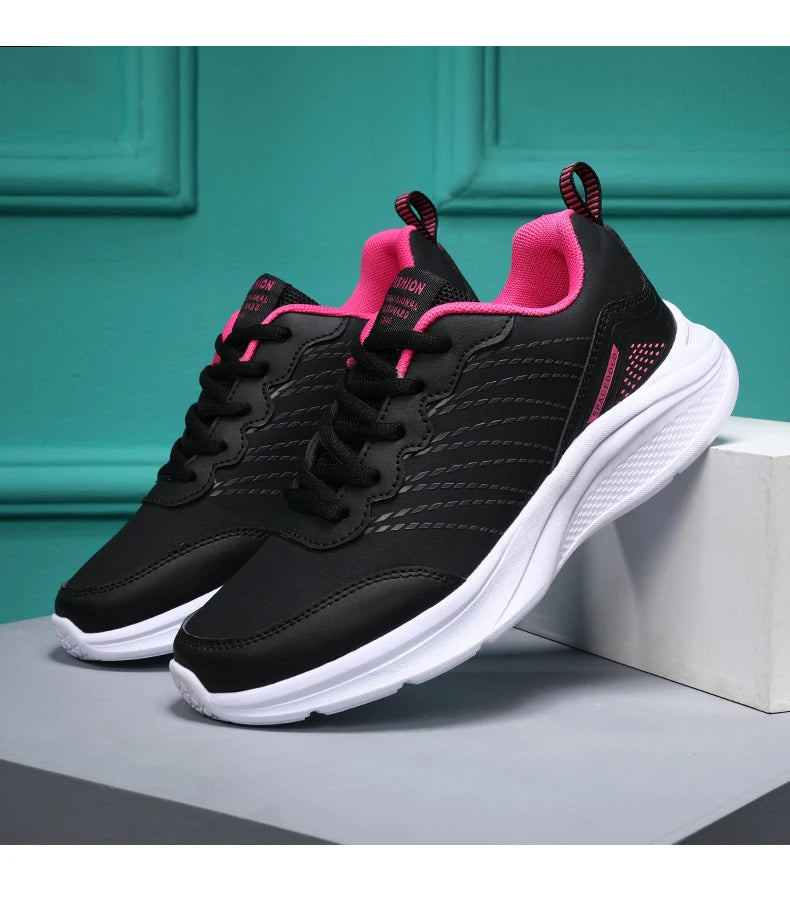 Waterproof Leather Chunky Sneakers for Women, Running Shoes, Casual Sports Shoes, Black Trainers, Autumn, Spring