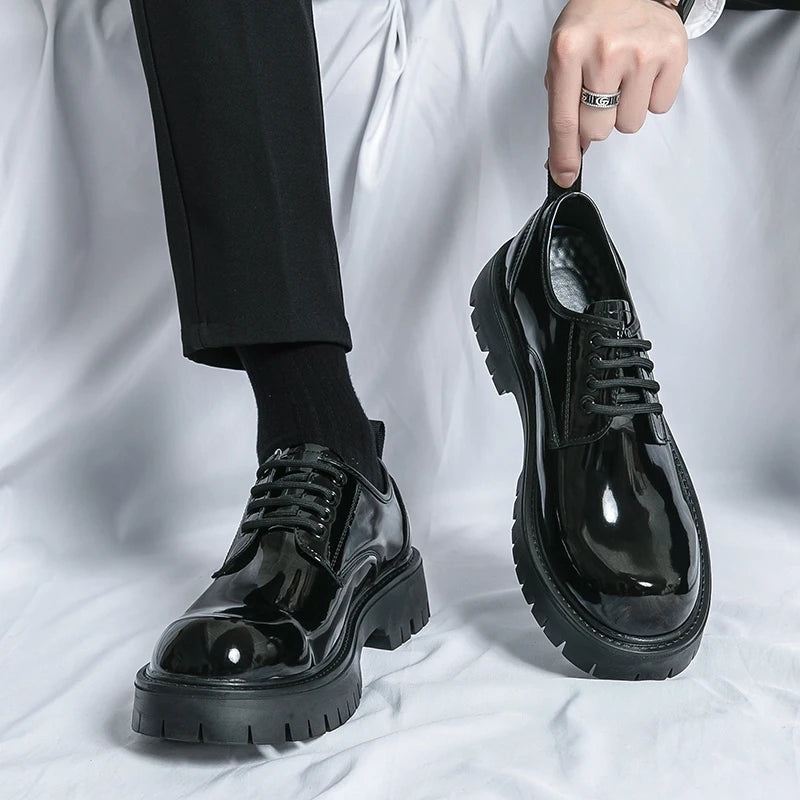 Men Casual Large Toe Original Black Platform Business Thick Bottom Dress Shoes Men Gentleman Outdoor Patent Leather Safety Shoes - reetell