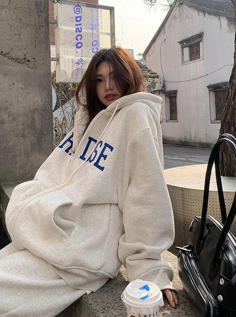 MEXZT Streetwear Zip Up Hoodies Women Oversized Letter Print Sweatshirt Harajuku Korean Plus Fleece Thick Casual All Match Tops - reetell