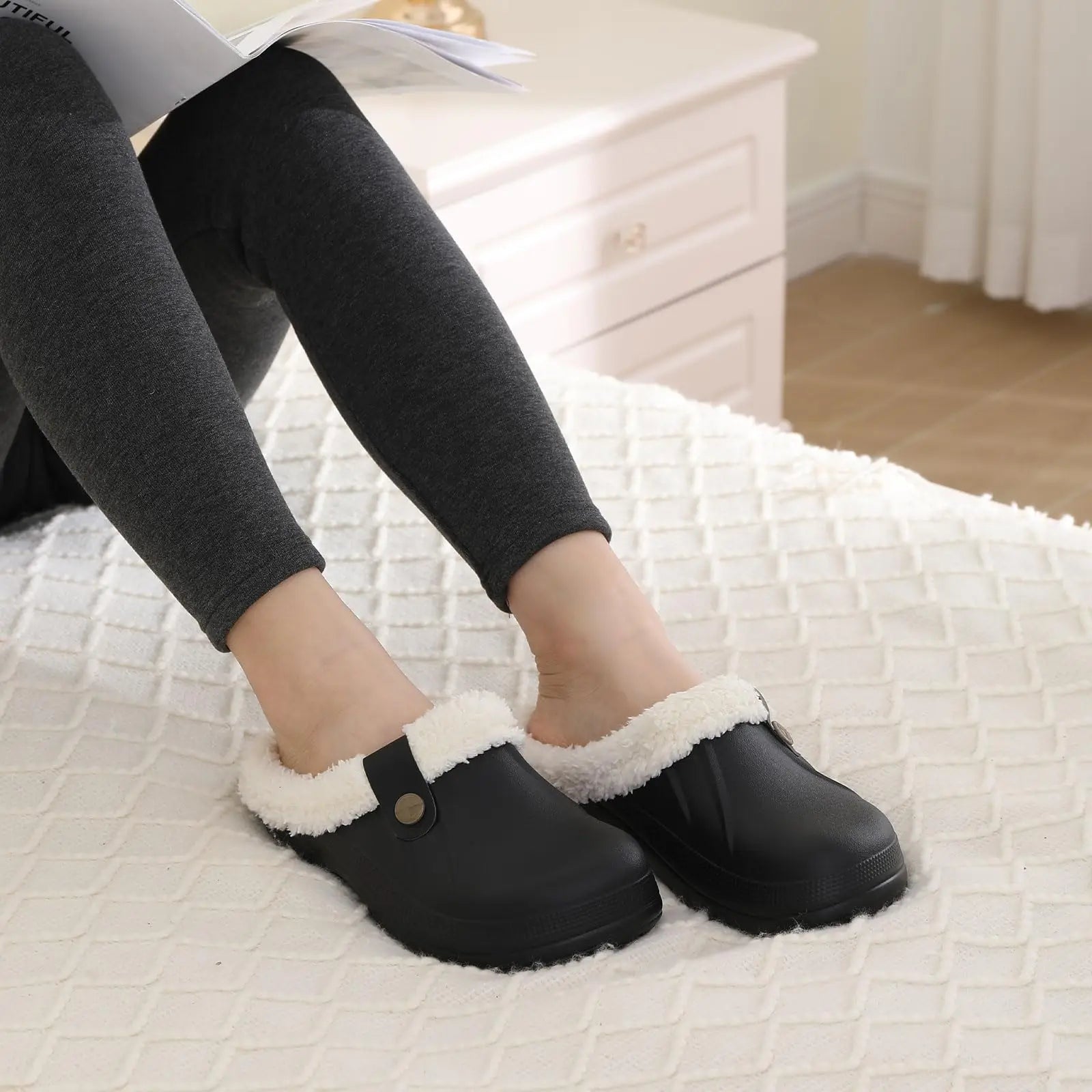 Eyriphy Classic Fur Lined Clogs For Women Waterproof Winter Fuzzy Slippers Mens Cotton Shoes For Indoor And Outdoor Rubber Soles