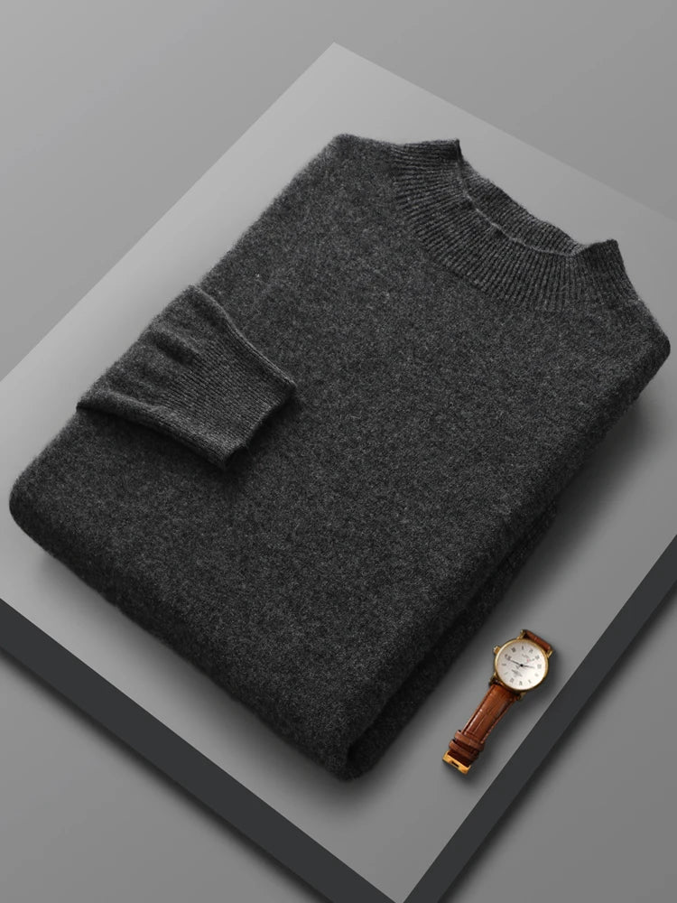 Spring Autumn 100% Merino Wool Pullover Sweater Cashmere Knitwear Men Mock-Neck Long-sleeve Basic Clothing Grace Tops - reetell