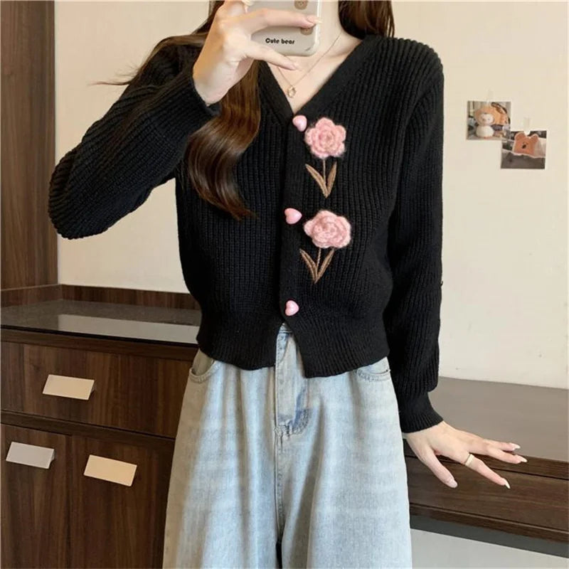 Heavy Industry Beautiful Flowers Knitted Cardigan Sweater Women Slim In Autumn And Winter With Small Cardigan V-neck Short Coat - reetell