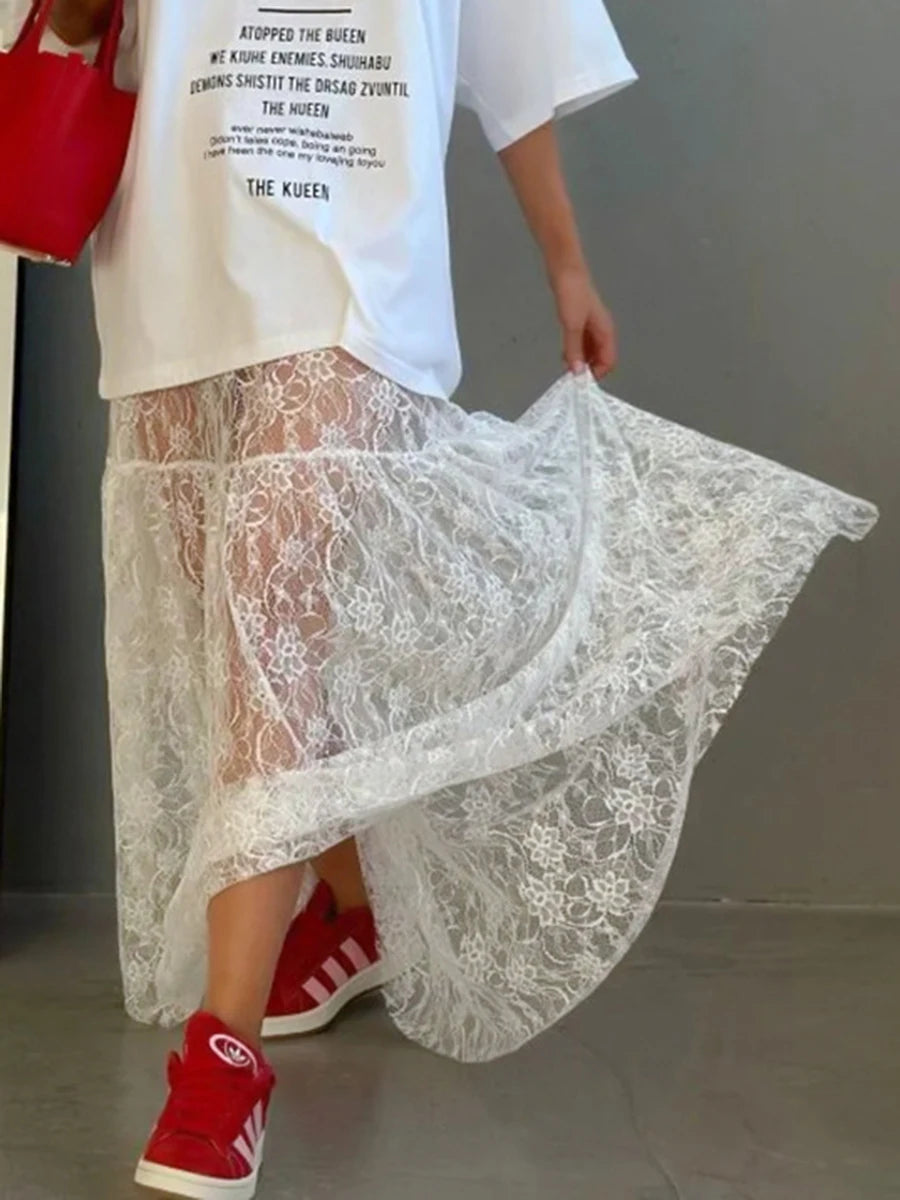 Lace Jacquard Transperant Skirt Women Summer New High Waist Sexy Casual Long Skirts 2024 Streetwear Fashion White Maxi Skirt - reetell