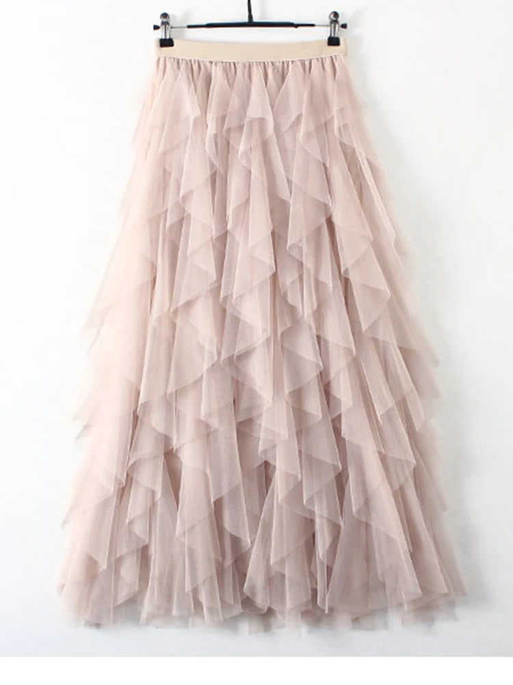 Tutu Tulle Long Maxi Skirt Women Fashion 2022 Korean Cute Pink High Waist Pleated Skirt Mesh Female Lady Aesthetic Faldas - reetell