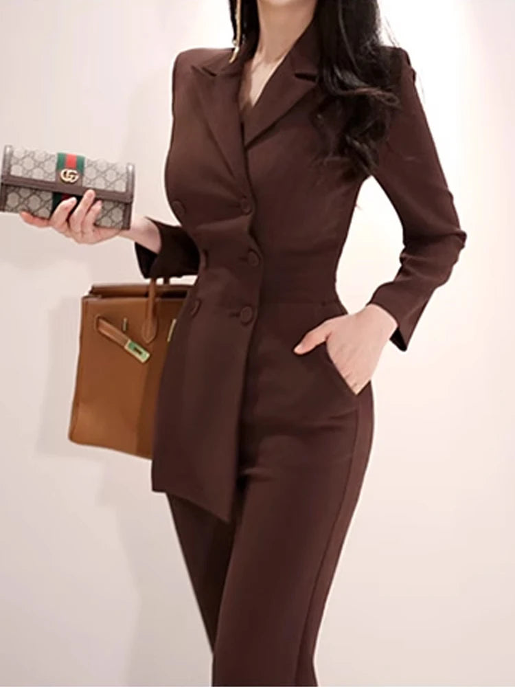 Fashion Elegant Long Jumpsuit Women Professional Chic Notched Collar Double Breasted Pockets Pants Mujer Slim Romper Office Lady