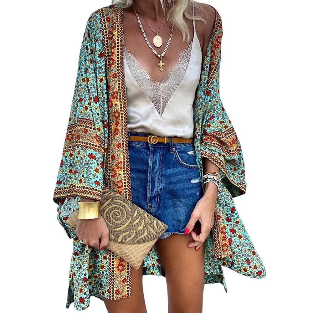 Women Long Sleeve Cardigan Summer New Thin Loose Bohemian Print Mid-length Cardigan Holiday Fashion Vintage Sunscreen Jacket - reetell