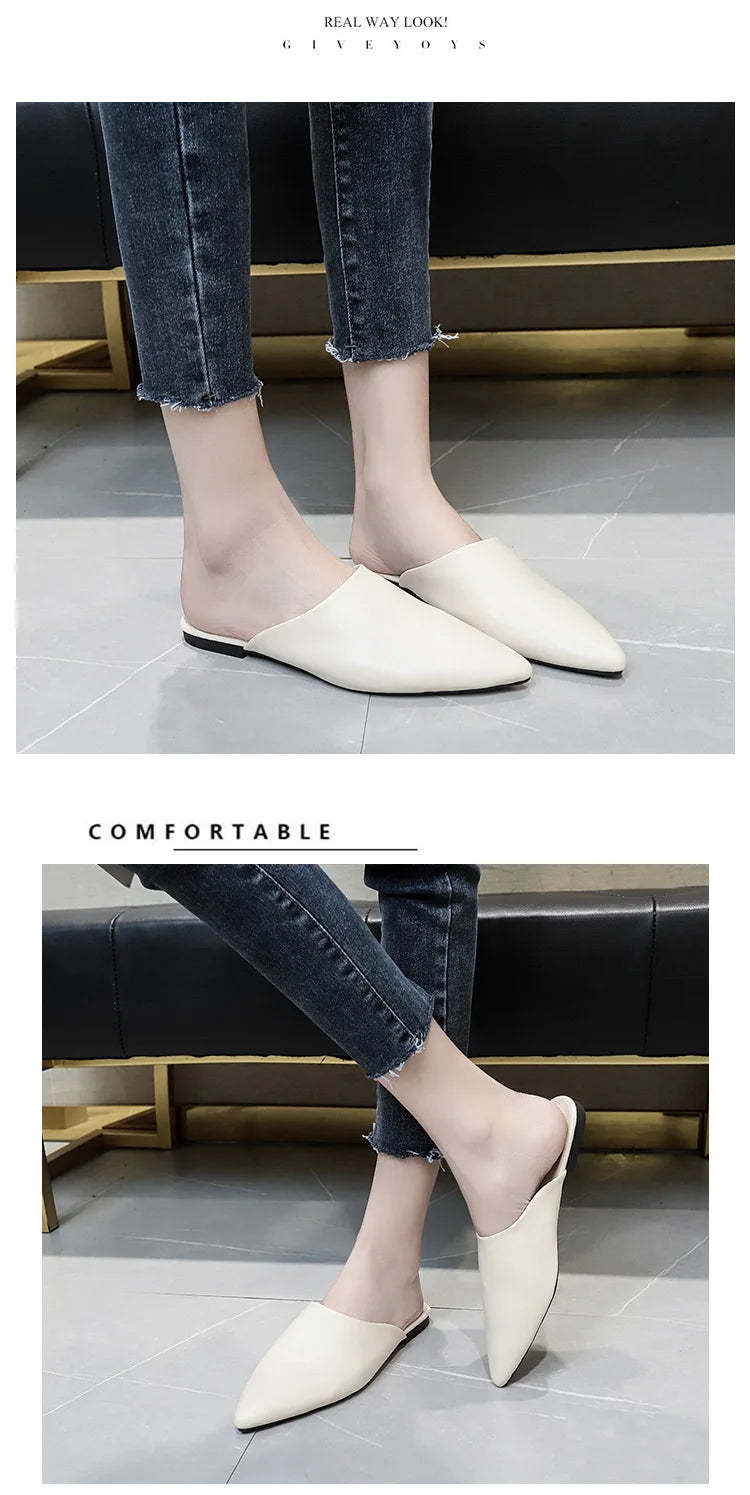 Women Spring Summer Slippers Mules Soft Leather Pointed Toe Slip On Sandalias Soild Mature Fashion Casual Low-heeled Shoes Mujer