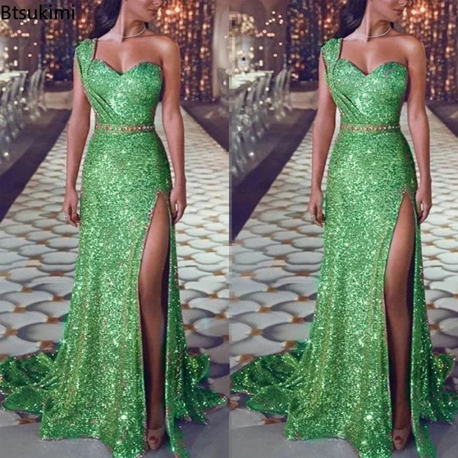 2024 Women's Wedding Party Dress Evening Elegant Sexy Deep V Neck One Shoulder Sleeveless Sequined Long Maxi Dresses For Women - reetell