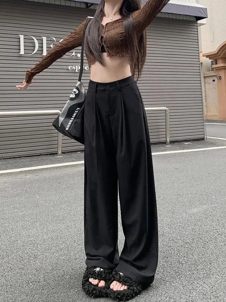 QWEEK Elegant Baggy Gray Suits Pants Woman Oversized Office Ladies Casual Korean Fashion Classical Trousers High Waist Summer - reetell