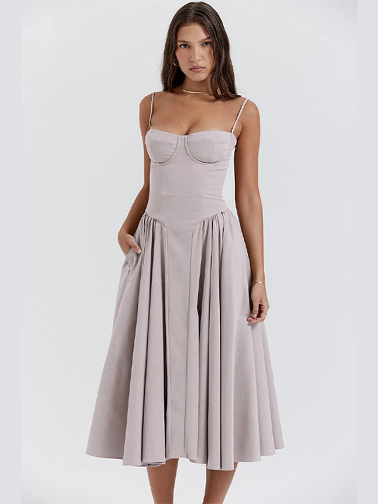 Sexy Solid Pleated Hem Sling Dress Women Fashion Midi Sleeveless Backless Dresses Female 2024 Summer Party Evening A-line Robes - reetell